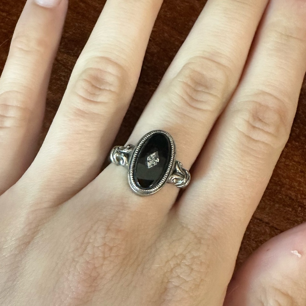 Silver & Black Ring with Clear Stone | Size 7
